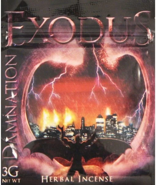 Exodus Damnation Herbal Incense package featuring dark, mysterious artwork with bold typography, reflecting the product's intense and captivating aroma