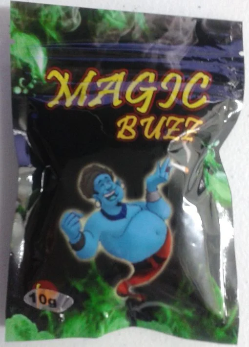 A vibrant package of Magic Buzz Herbal Incense featuring a premium blend of natural herbs, perfect for relaxation and creating a soothing atmosphere